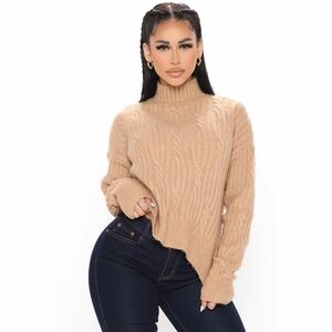 Fashion Nova Fuzzy Feels Cable Knit Tan Turtleneck Sweater XL Cozy